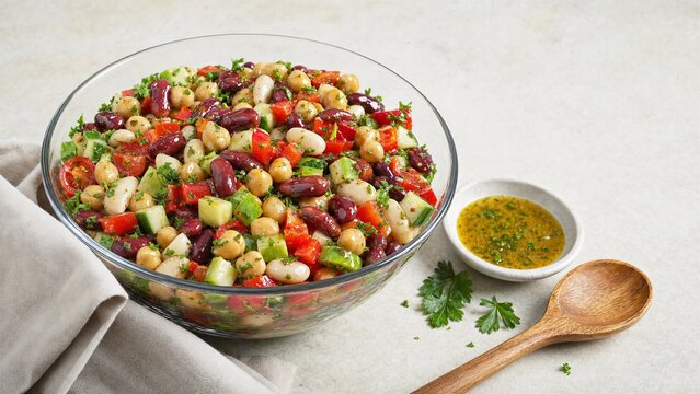 Dense Bean Salad with Chickpeas and Kidney Beans, High-Fiber Meal Prep Bowl, 45-Degree Angle, Copy Space