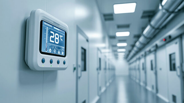 Cold storage facility with temperature monitoring system for pharmaceutical preservation technology under clean clinical lighting in a wide shot