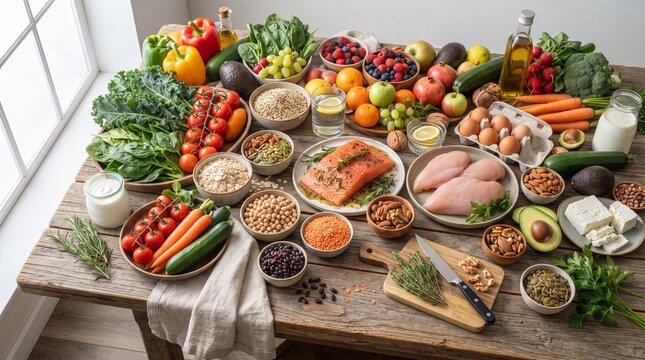 a wide variety of healthy whole foods including fresh vegetables fruits proteins nuts and grains arranged on a rustic wooden table