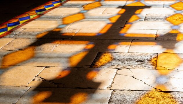 Sunlit sacred space. Serene interior with geometric patterns and gentle illumination