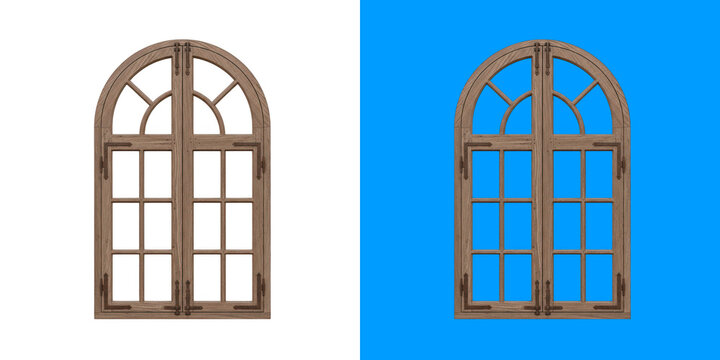 A double arched wooden window frame with glass panes displayed against black and blue contrasting backgrounds