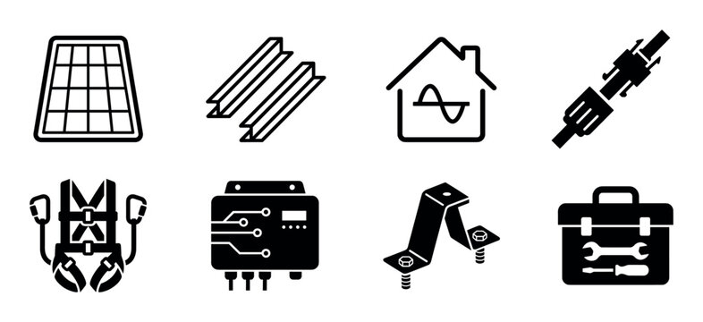 Solar panel installation equipment icon set showing a photovoltaic module, inverter, mounting hardware, safety harness, and toolbox in a simple black glyph style