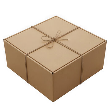 Square brown cardboard gift box tied with a simple string on transparent background