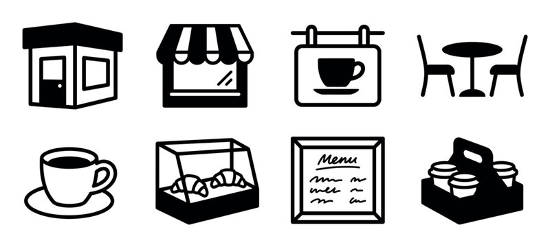 Set of black coffee shop icons showing a storefront, menu, takeaway drinks, and furniture in a simple minimalist glyph style for graphic design and user interface