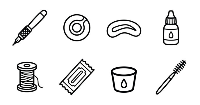 Set of black line icons for microblading and eyebrow grooming, featuring a pen, pigment, thread, brush, and other professional tools for permanent makeup and beauty salons