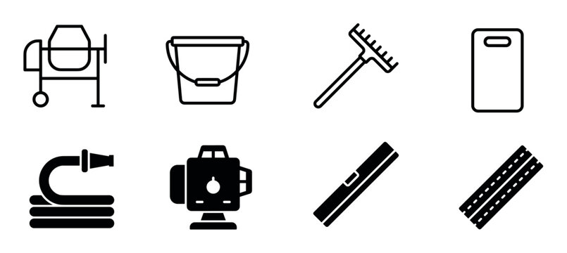 Set of black construction and building icons featuring a concrete mixer, bucket, rake, hose, laser level, and spirit level for various industry concepts in a minimalist style