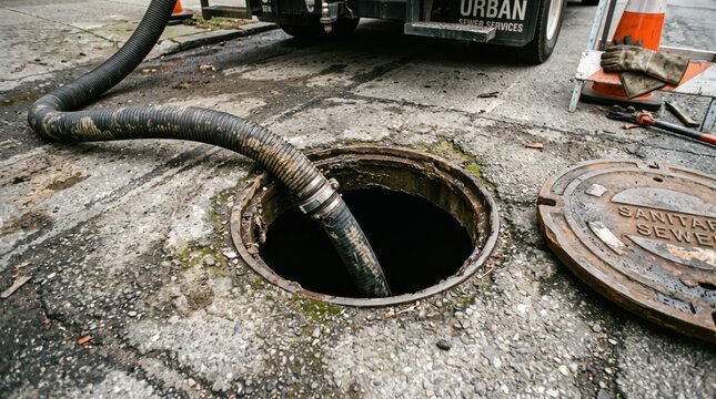 Workers using an industrial suction hose to clean a municipal sewer manhole