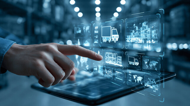 Faceless hand uses digital logistics interface to track cold chain delivery in a modern warehouse under cool blue lighting, futuristic technology