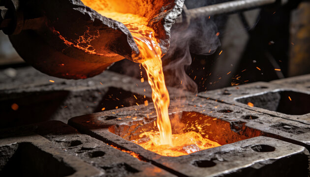 Industrial macro shot of molten iron pouring into mold. Intense orange sparks, metallic textures