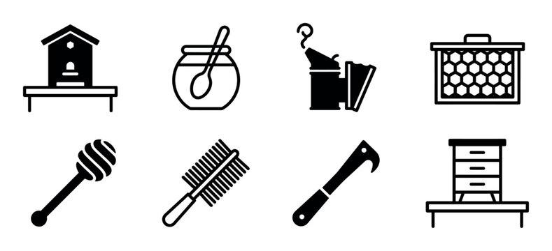 Set of eight black beekeeping icons showing apiary equipment for honey production, including a beehive, honey jar, smoker, honeycomb frame, dipper, brush, and hive tool