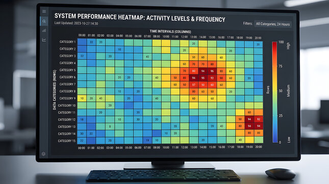 Data heatmap on computer screen. Digital analytics dashboard showing user activity metrics.