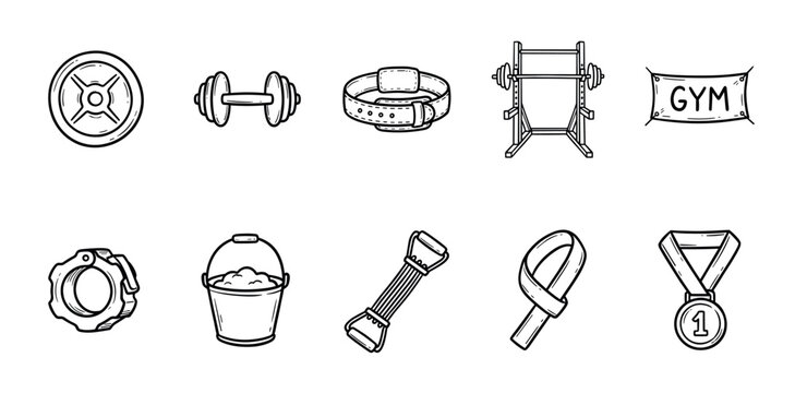 Set of hand-drawn gym equipment icons featuring a dumbbell, weight plate, squat rack, and medal for fitness and bodybuilding concepts in a simple black and white doodle sketch style