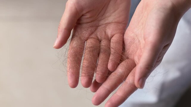 Palm filled with fallen delicate hair strands revealing early hair loss connected to vitamin deficit, sensitive detail forming calm self care scene with warm indoor atmosphere. Hair care and health