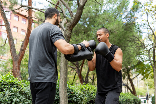 Friends practicing boxing outdoors in a park setting