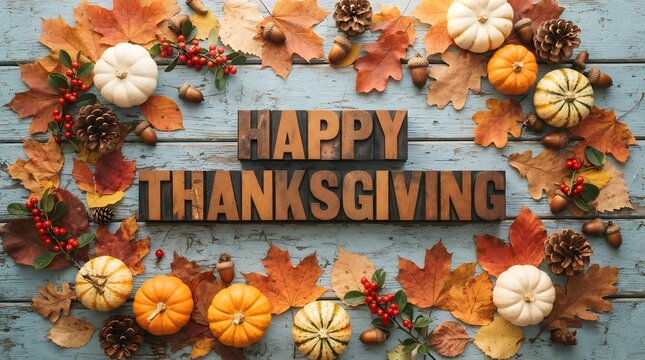 A rustic wooden background featuring the text happy thanksgiving surrounded by colorful autumn leaves and small decorative pumpkins for a festive seasonal holiday greeting card