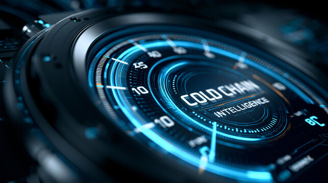 Futuristic cold chain intelligence gauge showing temperature control and logistics monitoring metrics with glowing blue interface in a photorealistic close up