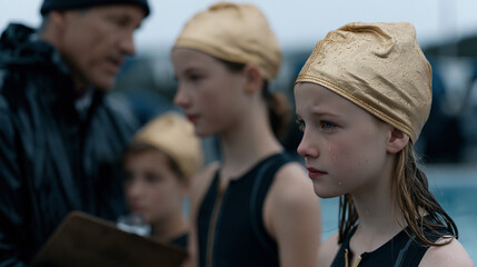 Fototapeta premium Young swim team members in matching caps standing in rain-drenched poolside silence after a hard loss, coach with a clipboard consoling a tearful child, wet tiles and overcast