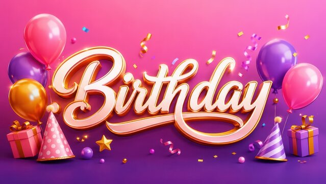 Birthday celebration banner with glossy script lettering balloons gifts and confetti on pink purple background for party marketing design.

