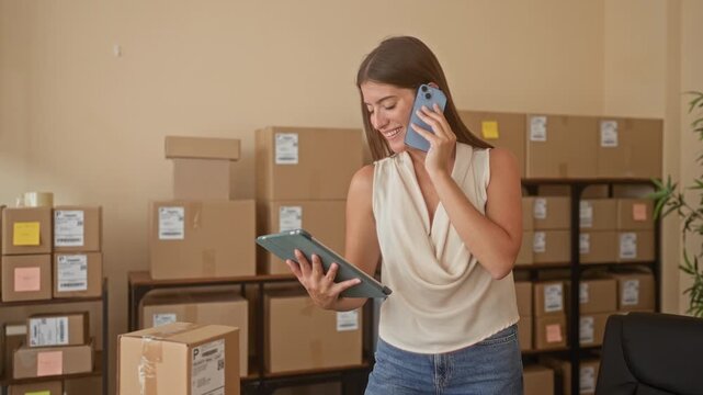 Woman holds smartphone to ear and checks tablet while surrounded by stacked shipping boxes in building; entrepreneurial focused.