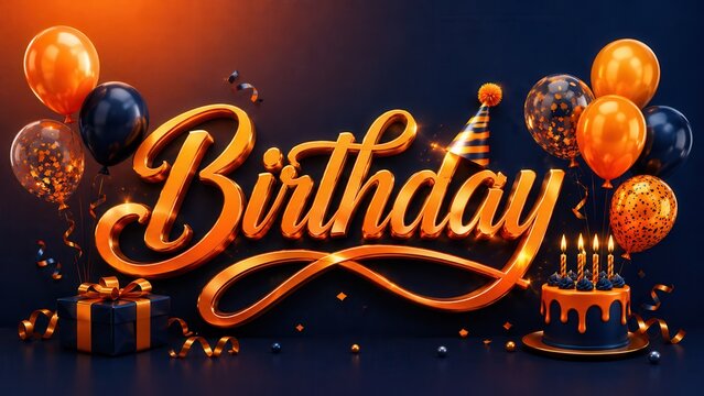 Birthday party banner with glowing script lettering balloons gift boxes and cake on dark blue background for festive promotional design.

