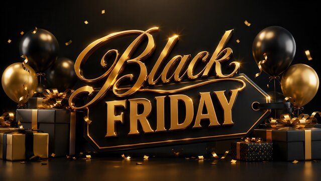 Black Friday luxury sale banner with gold lettering balloons and gift boxes on dark background for premium retail advertising design.

