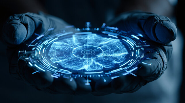 Faceless hands in tactical gloves inspect futuristic cold chain outlier detection radar hologram with glowing blue data interface