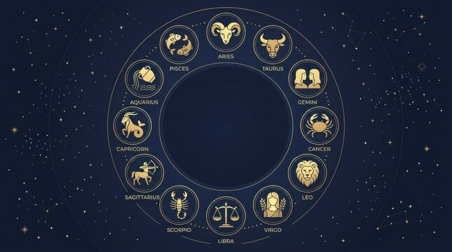 Zodiac wheel with twelve astrology signs on dark night sky background. Circular horoscope chart with golden constellations. Celestial map for fortune telling and mystic prediction concept.