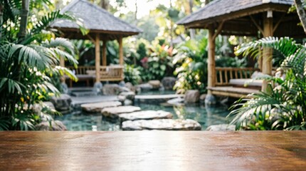 Fototapeta premium Tropical Garden with Wooden Table and Water Feature for Relaxation Concept