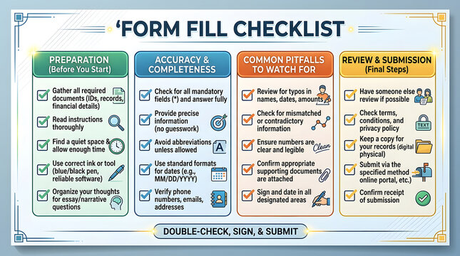 Form fill checklist infographic. Professional document review and data entry guide.