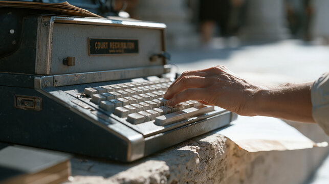 Court reporter stenography machine under harsh midday sun on an exterior courthouse step, single tight detail shot of the keys mid-keystroke, a sentencing hearing in session