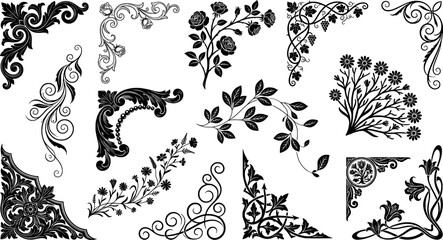 Obraz premium Collection of vintage floral corners and decorative design elements