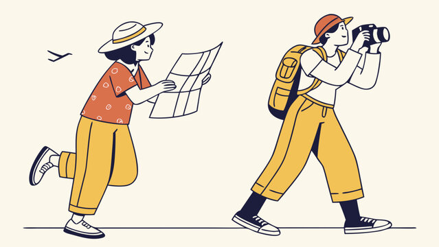 Tourists exploring a destination with map and binoculars while hiking and sightseeing during an outdoor travel adventure