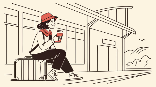 Young woman traveler sitting on suitcase at train station platform holding coffee cup and waiting for departure