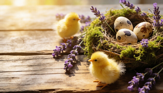 Moss-covered nest with speckled robin eggs, lavender sprigs, yellow chicks. Rustic wooden table