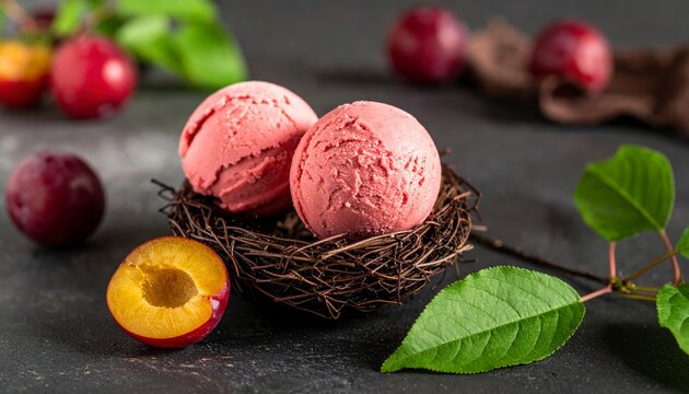 Batoko Plum Ice Cream Scoops Resting in a Natural Bird Nest