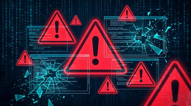 Red warning triangles with binary code and circuit patterns on dark digital background data security