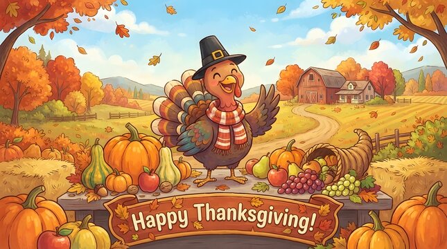 A festive illustration featuring a cheerful turkey wearing a pilgrim hat in a vibrant autumn farm landscape with pumpkins and the text happy thanksgiving