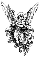 Obraz premium Detailed black and white illustration of a flying angel with large feathered wings, flowing robes, halo, and crossed arms in a graceful celestial pose.