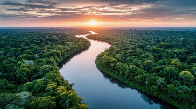 Amazon river sunset aerial view lush rainforest