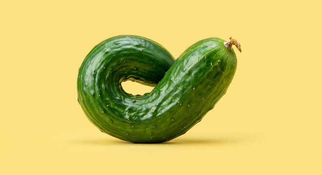 Unusually shaped twisted green cucumber isolated on yellow background