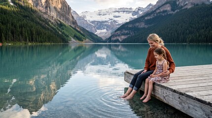 Fototapeta premium Mother and young daughter sitting on wooden dock at turquoise glacier lake with snow capped peaks reflected in water, gentle ripples and serene alpine atmosphere during daytime