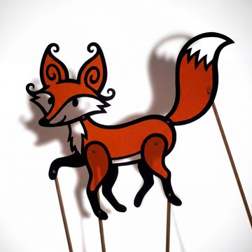 A flat paper fox puppet on sticks for shadow theater performance against a plain white backdrop.