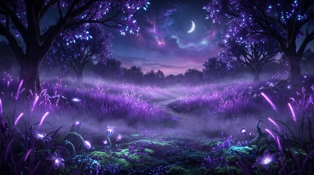 mystical fantasy landscape with glowing purple flora and crescent moon in cosmic night sky