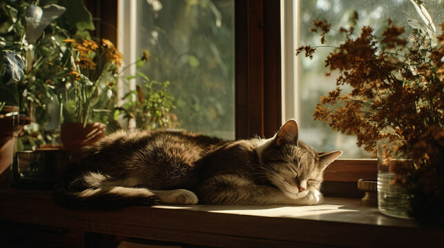 Cat Napping on a Sunlit Windowsill: A contented tabby cat dozes peacefully on a wooden windowsill, bathed in the warm, dappled sunlight filtering through surrounding plants.
