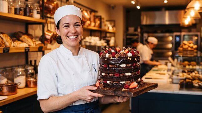 Female baker smiling and presenting large layered chocolate cake in cozy bakery kitchen; woman holding decorated cake on wooden board with staff and ovens in background