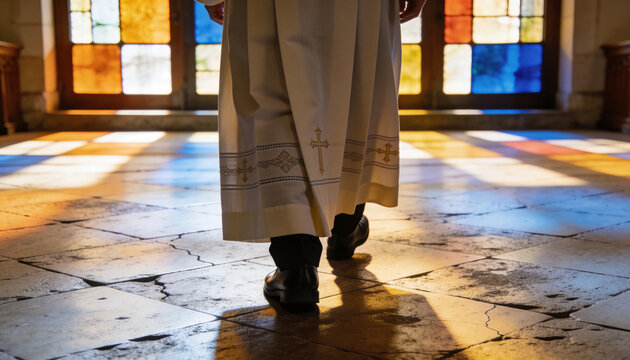 Priest advancing through church corridor amid colorful stained glass light and solemn mood