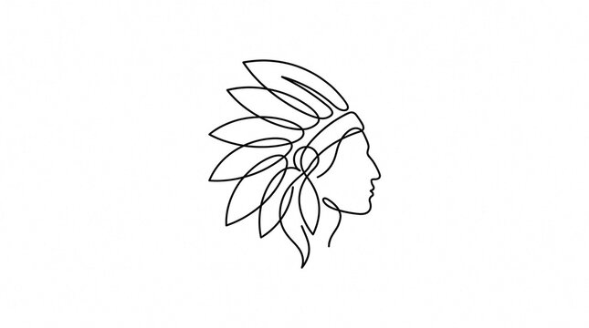 Continuous line art illustration of a native american chief profile with feather headdress