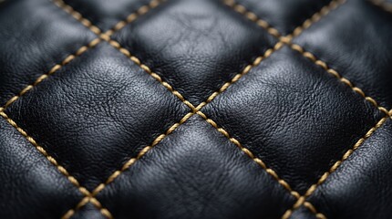 Obraz premium Close up quilted black leather upholstery with detailed contrasting yellow stitching, textured surface, luxury interior material, sewn pattern and tactile finish