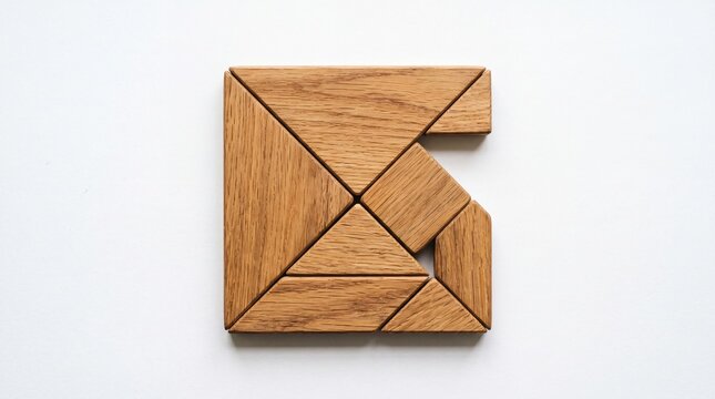 A top-down view of a wooden tangram puzzle arranged into a square shape on a clean white background.