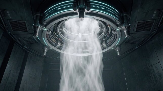 Futuristic ceiling portal portal mechanism with bright energy light and smoke